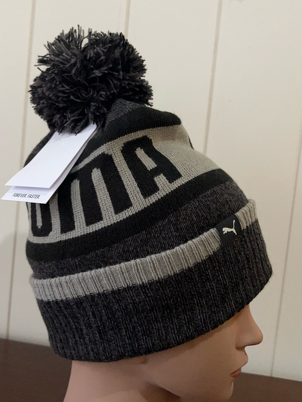 PUMA Knit Beanie Hat POM  Black Gray Adult Men